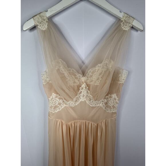 VTG Vanity Fair 60s Peignoir BRIDAL Peach Sheer Nylon Nightgown Slip Dress Sz 34 - Picture 1 of 11
